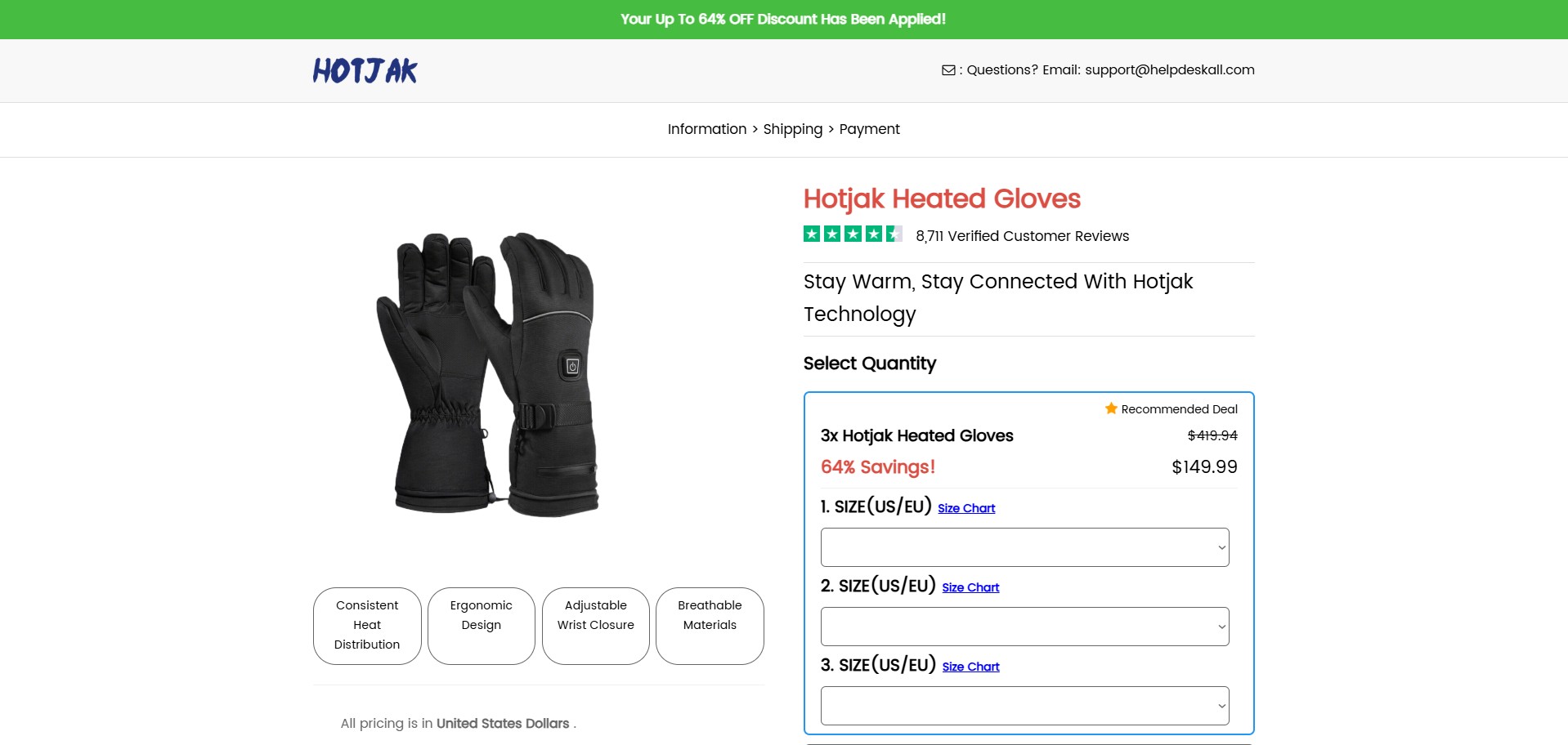 Hotjak Heated Gloves · CTC $69.99 · Accepts Paypal · Direct Checkout Link · Including Checkout Event Tracking · (eCommerce / Product)