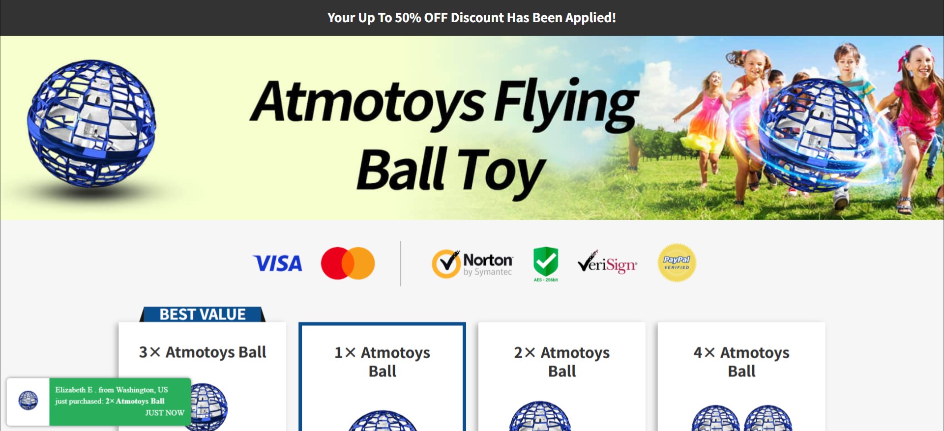 Atmotoys Flying Ball Toy · CTC $39.99 · Accepts Paypal · Direct Checkout Link · (eCommerce / Product)